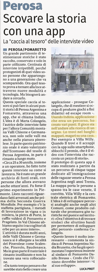 Articolo di giornale su Indizia